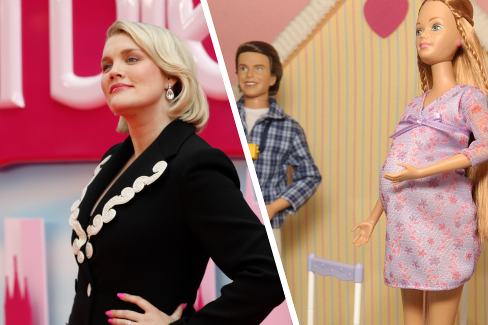 Emerald Fennell, de actrice die Midge speelt in de Barbie-film van 2023 (links) en Happy Family Midge (rechts)