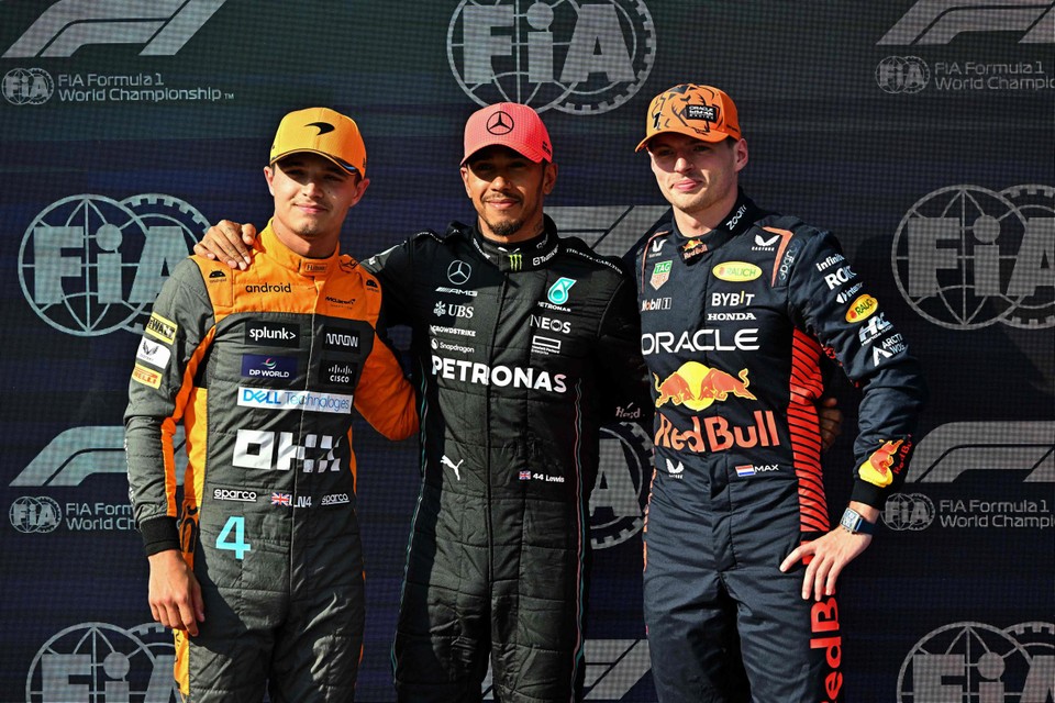 De top drie: (vlnr) Lando Norris, Lewis Hamilton en Max Verstappen.