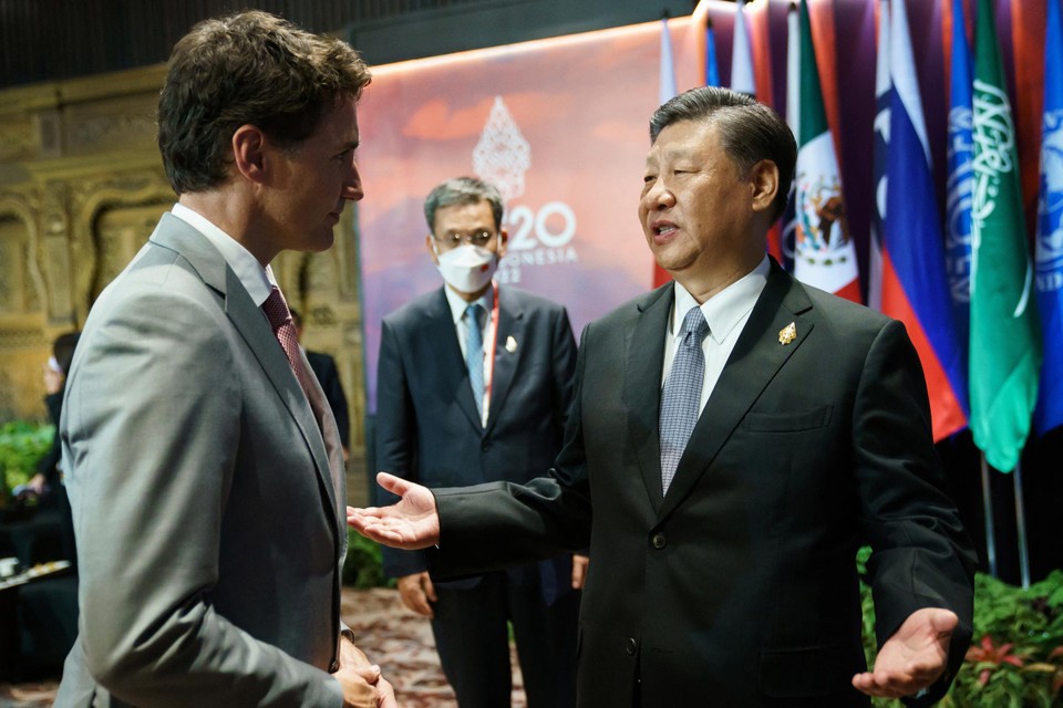 November vorig jaar: de Canadese premier Justin Trudeau praat met de Chinese president Xi Jinping op de G20-top in Bali.