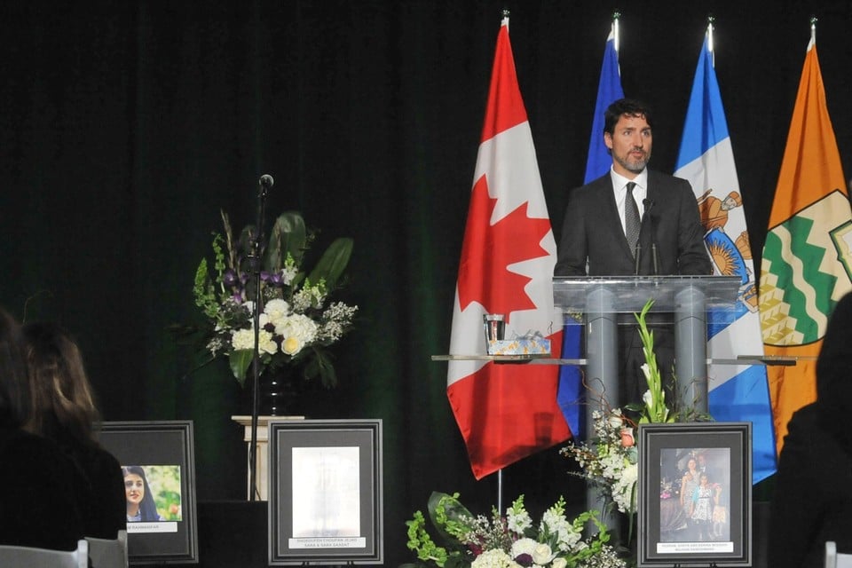 Canadees premier Justin Trudeau op een herdenkingsplechtigheid voor de slachtoffers. 