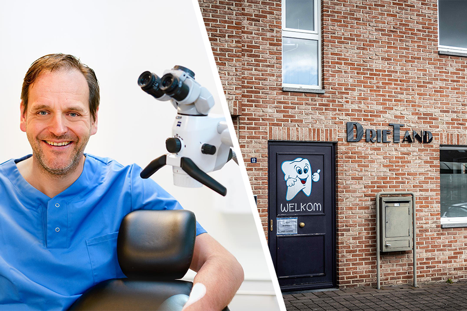 Links professor Geert Hommez. Rechts de tandartspraktijk in Hamont waar DentUrgent een ruimte zal huren.