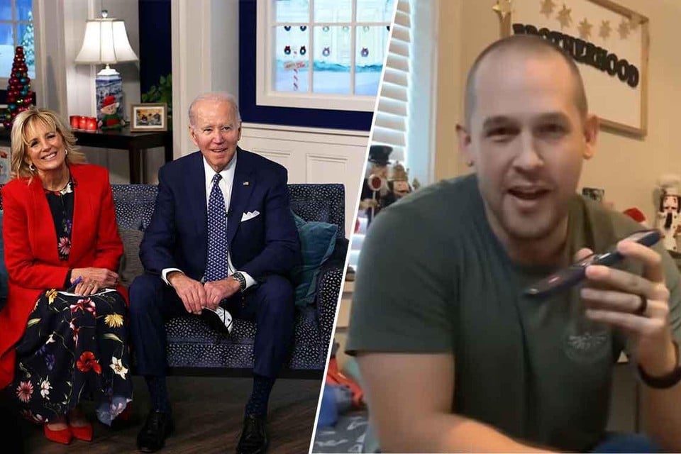 Jill en Joe Biden (links) tijdens het telefoongesprek met Jared Schmeck (rechts). 